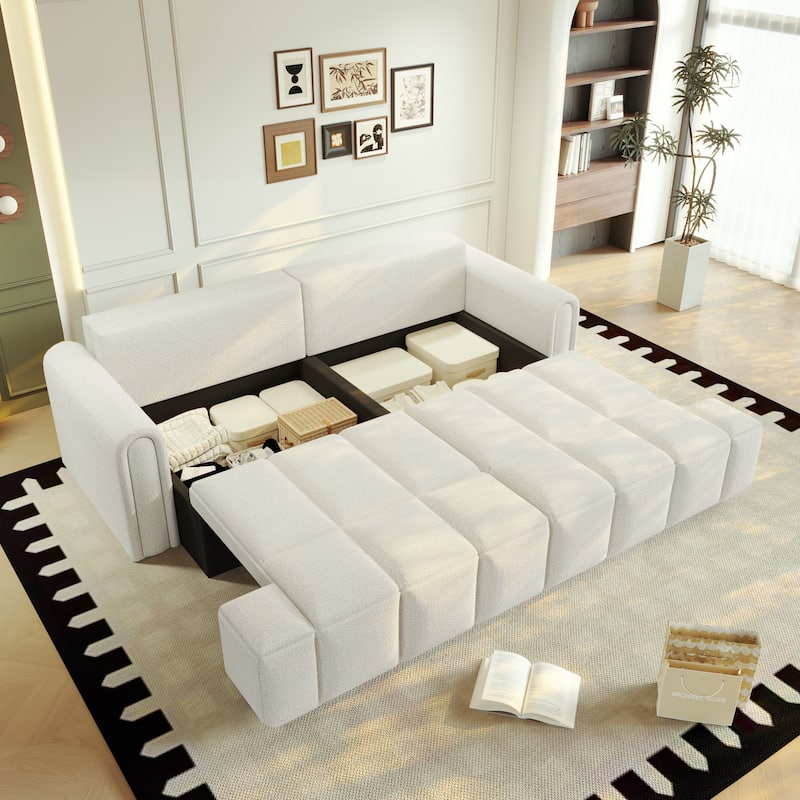 Homy Casa 90.2" 4-Seater Modern Teddy Fabric Convertible 3 in 1 Sofa Bed with Storage, King Size Sleeper Sofa