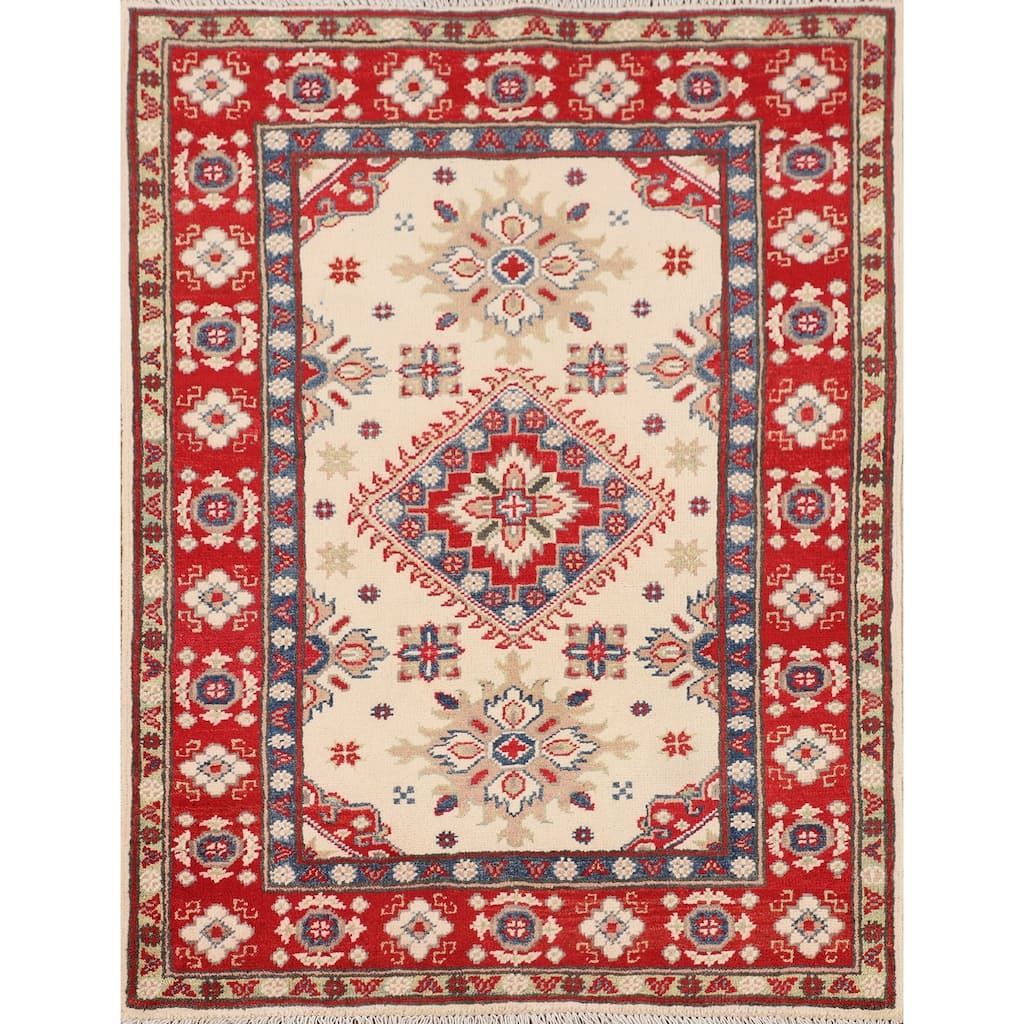 Kazak Accent Rug Hand-Knotted Oriental Beige Wool Carpet - 2'9" x 3'6"