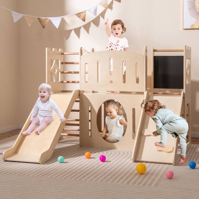 Wooden 8 in 1 Kids Indoor Playset with Slide Climbing Ramp Chalkboard and Storage Castle Activity Center for Toddlers