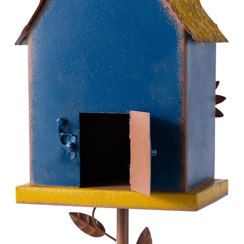 Glitzhome 52.5''H Blue Green Metal Sunflower Decorative Garden Birdhouse with Stake