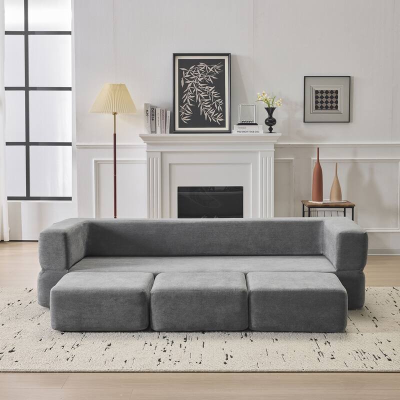 79.14" Chenille 3-Seater Sofa, Foldable Play Mat and Removable Cover