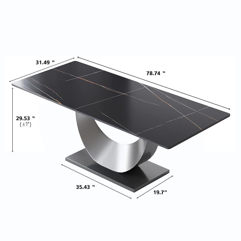 79" Marble Dining Table for 10, Modern Rectangle Kitchen Table with U Shape Pedestal Base