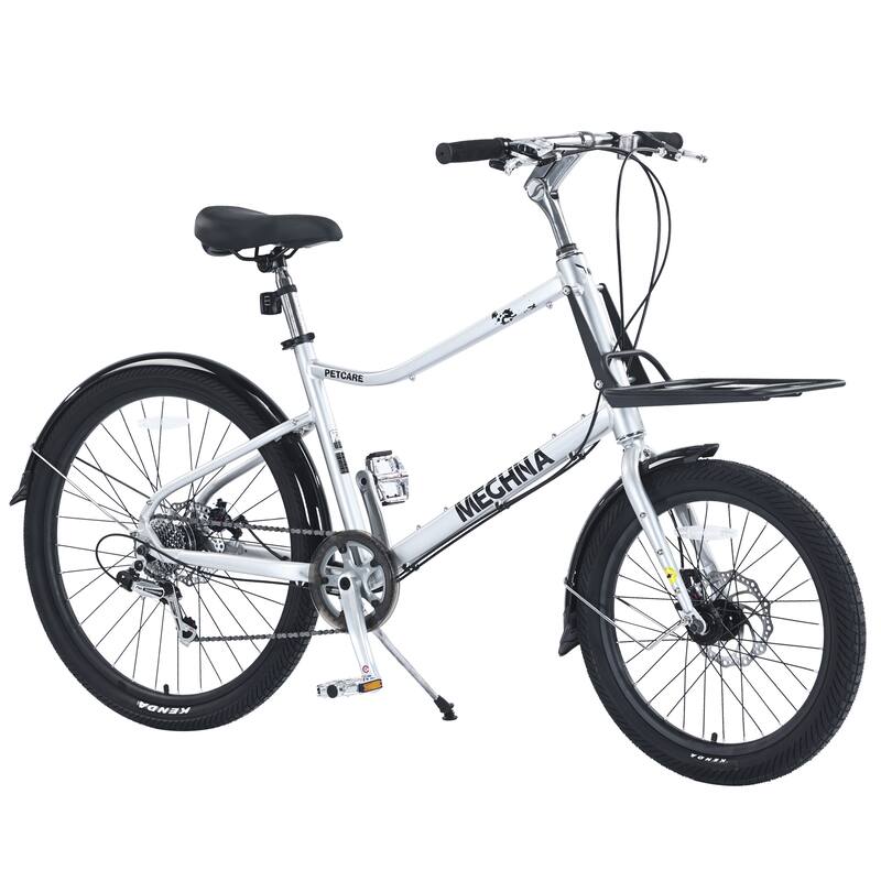 26 Inch City Bike 7 Speed Road Cargo Bicycle w/Dual Disc Brakes, Leisure Cycling Aluminum Alloy Frame for Teens, 16 Years and Up - Silver