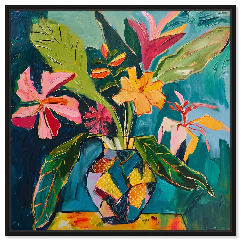 Art Remedy Vase Of Tropical Flowers Ii Framed Flowers In Vase Paintings - 31 x 31 - Black