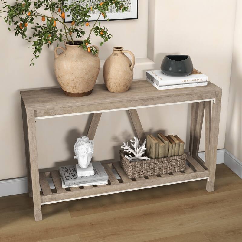 Console Table, Farmhouse Entryway Table with Storage Slatted Shelf, Rustic Sofa Table with Anti-Tipper for Living Room