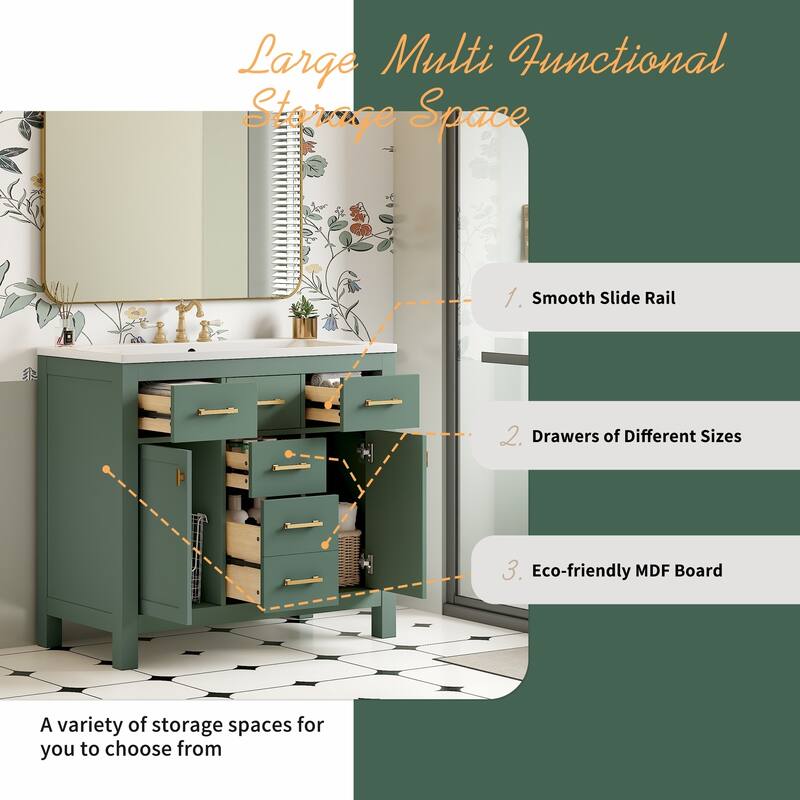 36" Bathroom Vanity with Ceramic Sink Set- Solid Wood Frame, Freestanding Storage Cabinet