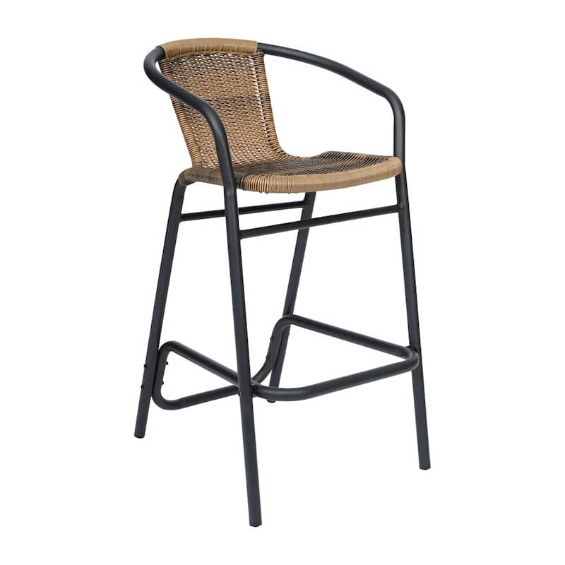 Commercial Indoor-Outdoor Rattan Restaurant Barstool with Aluminum Frame - N/A