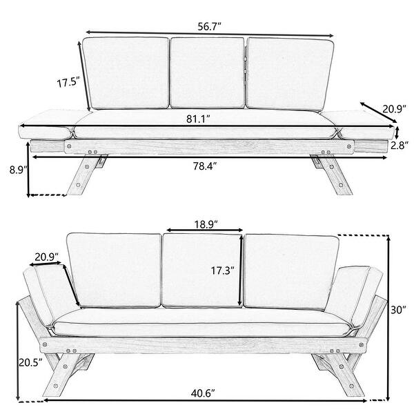 dimension image slide 0 of 2, Merax Outdoor Wood Daybed Sofa Chaise Lounge with Cushions