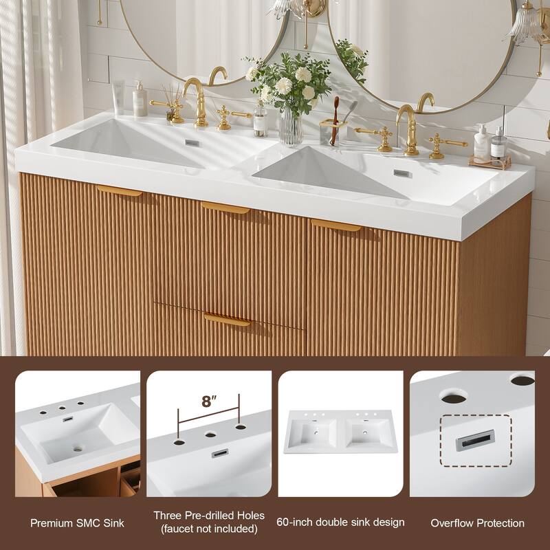 GDFStudio - Mercer Transitional Wall Mounted Bathroom Vanity Cabinet with Double SMC Sink, Soft Close Doors & Drawers