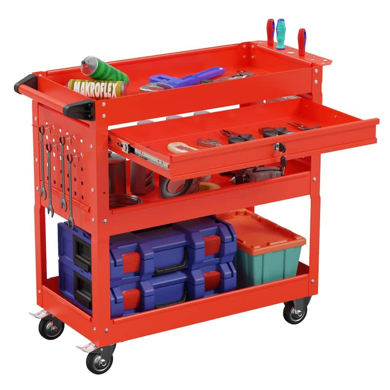 3-Tier Rolling Tool Cart on Wheels for Mechanics with Utility Drawer