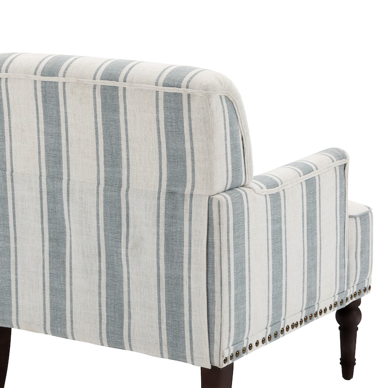 Set of 2 Stripe Linen Accent Arm Chairs with Nailhead Trim and Wood Legs