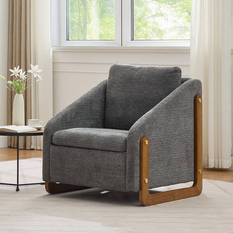 Modern Chenille Upholstered Armchair with Wooden Side Frame, Single Accent Leisure Chair with Backrest for Living Room, Bedroom