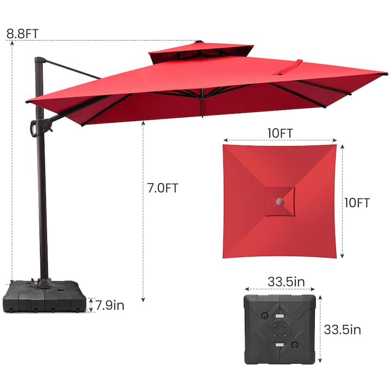 Outdoor Shade 10 x 10ft Double Top Square Patio Cantilever Umbrella with Weights Base