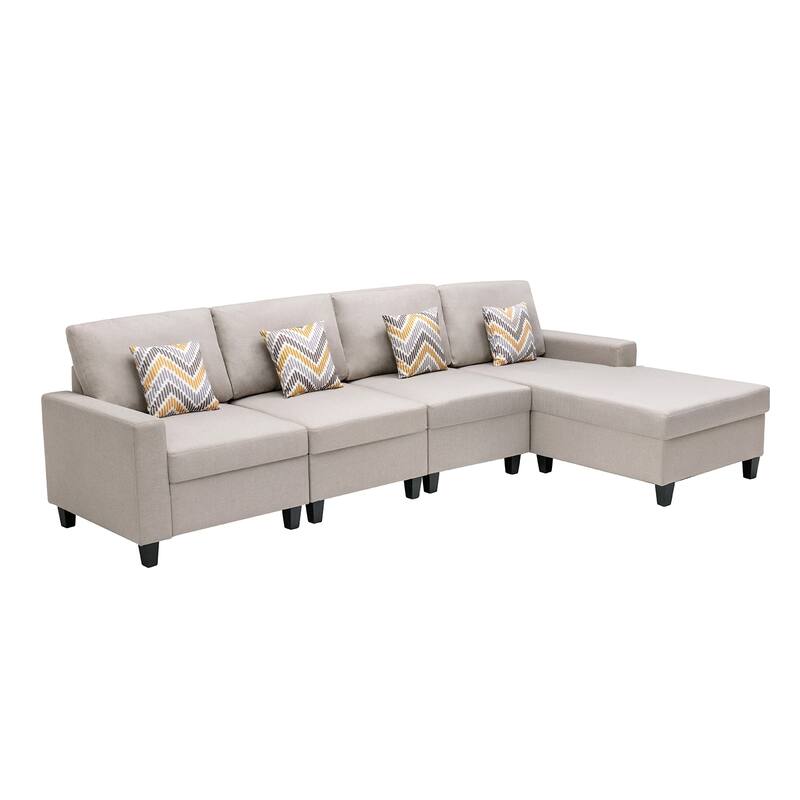 Linen Fabric 4 Piece Reversible Sectional Sofa Chaise with Pillows and Interchangeable Legs in Beige