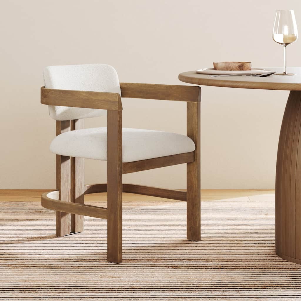 Veya Modern Boucle Dining Chair with Curved Back, Full Armrests, and Solid Wood Legs