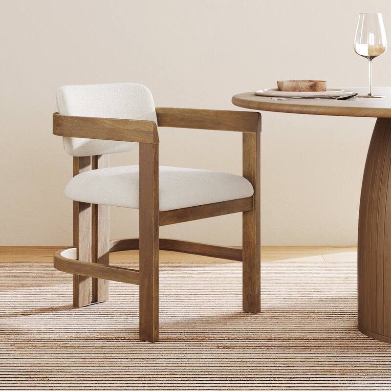 Veya Modern Boucle Dining Chair with Curved Back, Full Armrests, and Solid Wood Legs - Single
