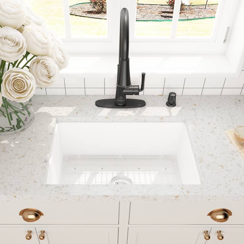CASAINC All-in-One Fireclay 27 in. Single Bowl Undermount Kitchen Sink with Infrared Sensor Kitchen Faucet and Accessories