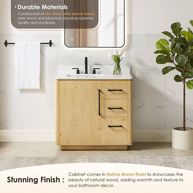 Serene Bathroom Vanity in Nature Brown with Grain White Engineered Stone Countertop without Mirror
