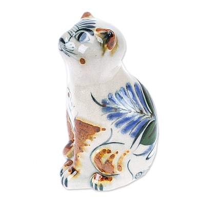 Novica Handmade Traditional Cat With Dove Ceramic Figurine
