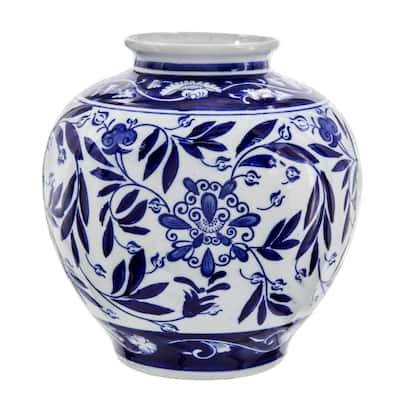 9 Inch Porcelain Vase, Blue Persian Print, Curved Shape, Flared Opening