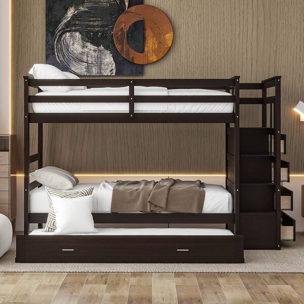 slide 2 of 15, Twin Bunk Bed with Trundle & Storage Staircase, Espresso Espresso