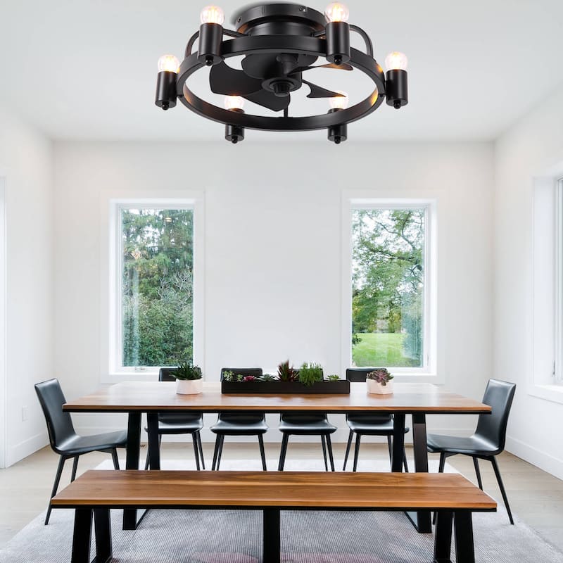 Cusp Barn 20 Inch Black Low Profile Flush Mount Ceiling Fan with Light and Remote, Industrial 6 Speeds DC Motor Ceiling Fan