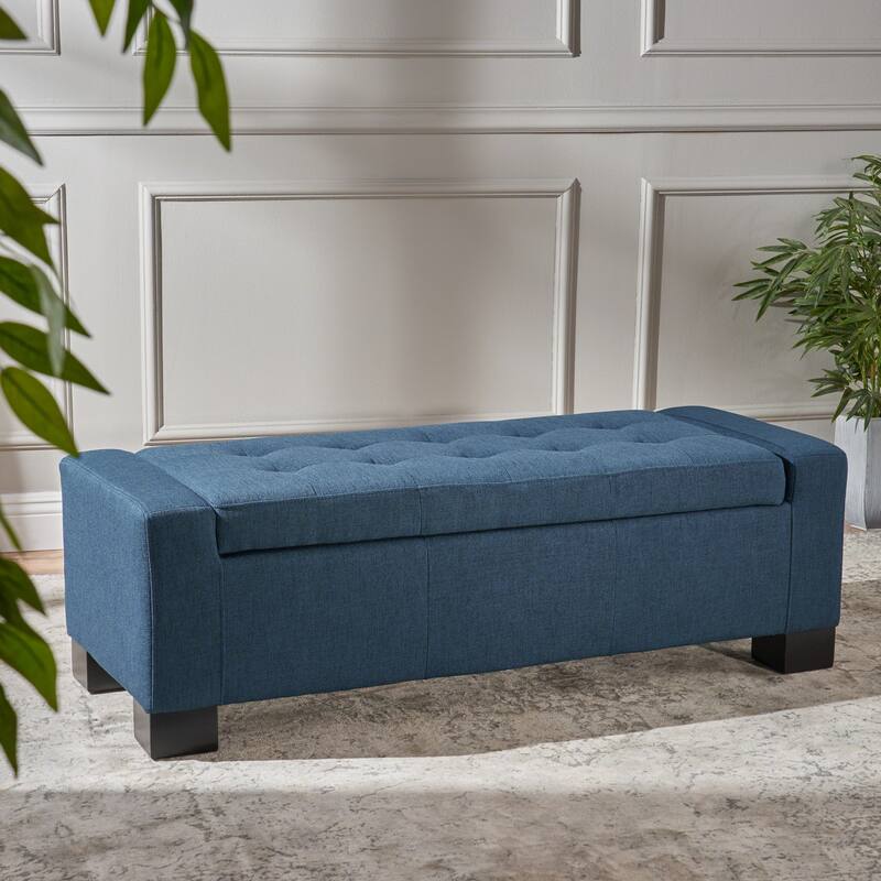 Storage Bench Upholstered Seat, End of Bed Bench Ottoman - Navy Blue