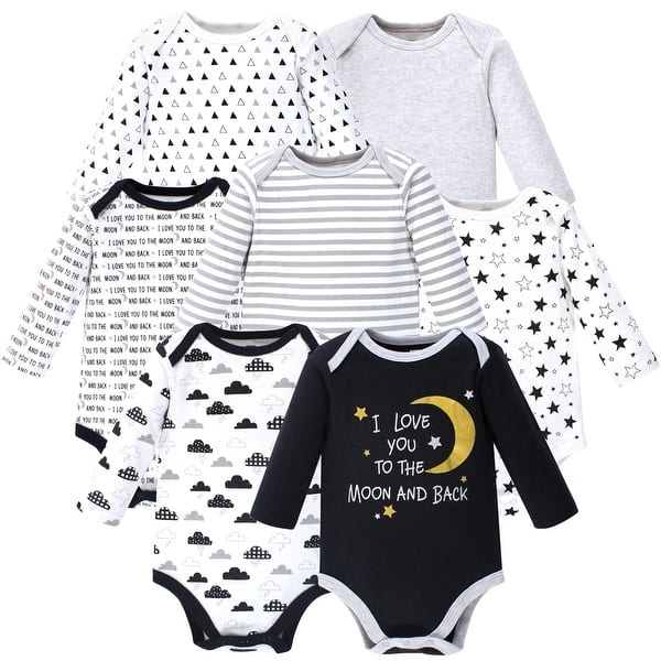 slide 1 of 1, Hudson Baby Cotton Long-Sleeve Bodysuits 7pk, Moon And Back 0-3 Months - Moon And Back