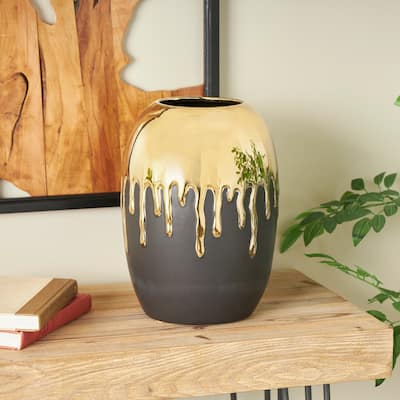 CosmoLiving by Cosmopolitan Black Ceramic Decorative Vase with Abstract Gold Melting Drips - 9 x 9 x 13