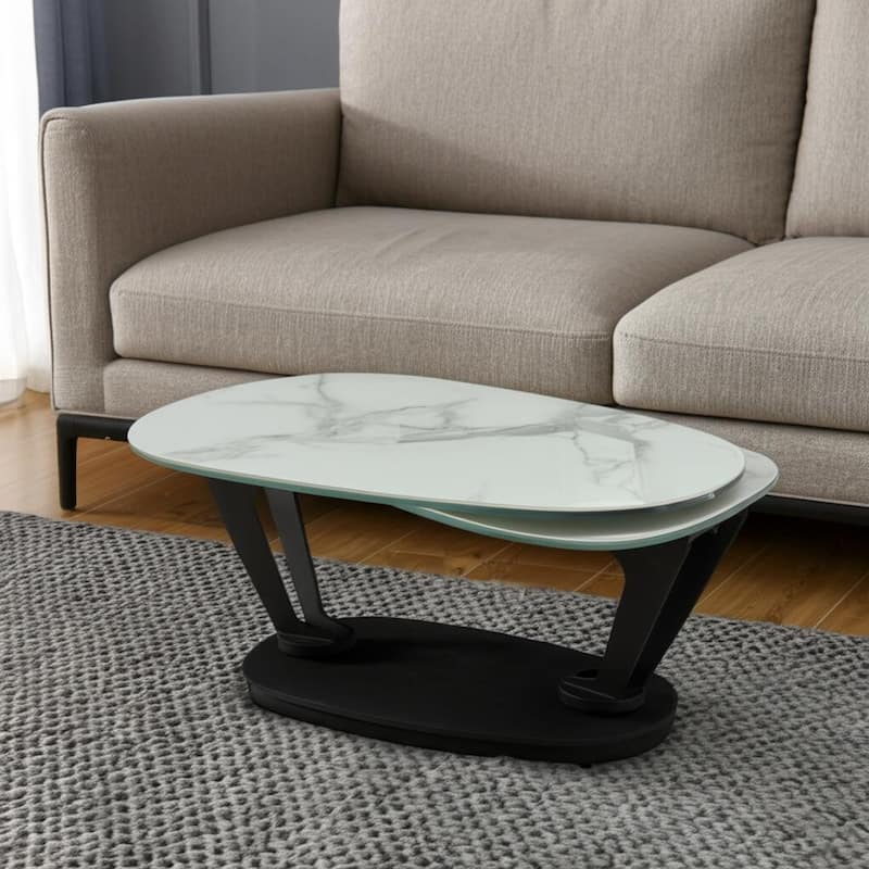 HomeRoots 36" White And Black Faux Marble And Metal Oval Coffee Table - 35.5 in. x 16.5 in. x 23 in. - White