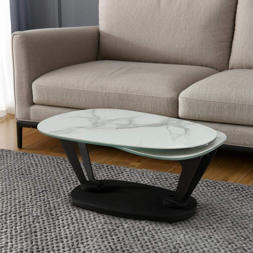 HomeRoots 36" White And Black Faux Marble And Metal Oval Coffee Table - 35.5 in. x 16.5 in. x 23 in.