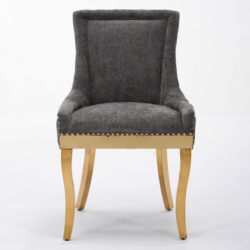 Chenille Dining Chairs, Modern Upholstered Accent Chair with Curved Gold-Plated Legs & Rivet Trim, Plush Fabric, Set of 2