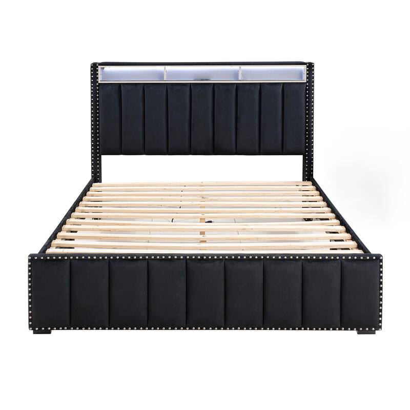 Modern Black Solid Wood Bed Frame with Open Compartments