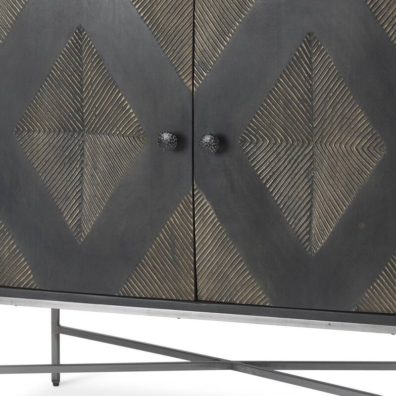 HomeRoots 36" Dark Brown and Silver Solid Wood and Iron Carved Geometric Accent Cabinet With Two Doors