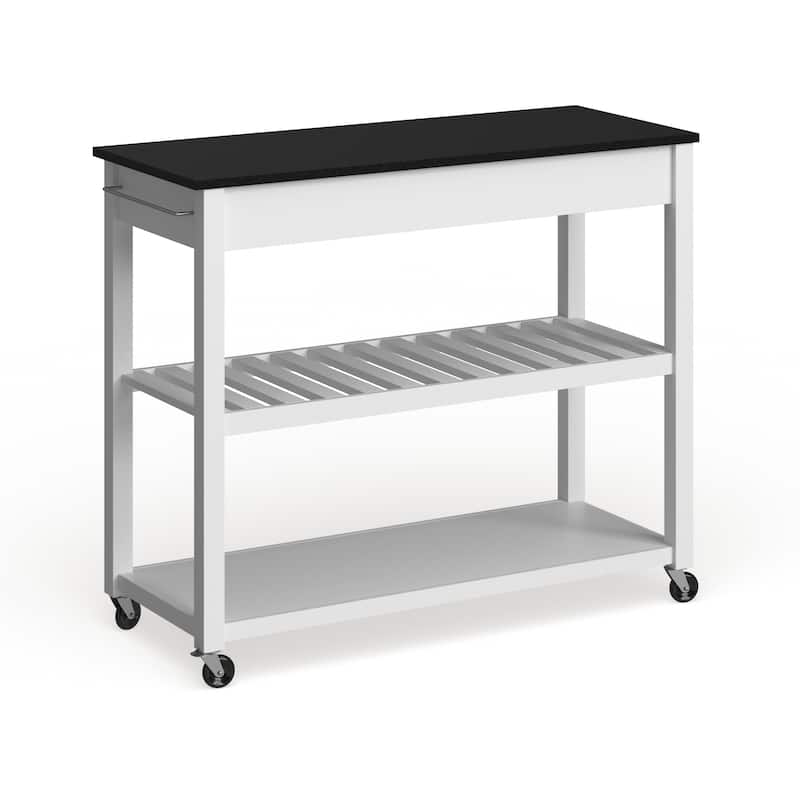 Crosley Solid Black Granite Top Kitchen Cart/ Island With Optional Stool Storage in White Finish - 17"d x 43"w x 35"h