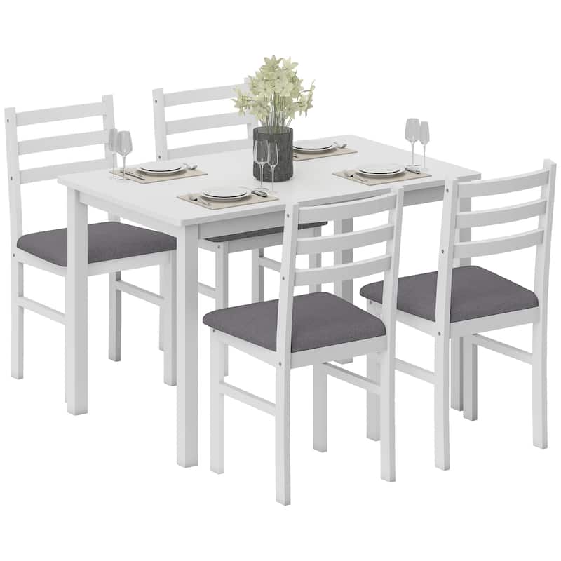 HOMCOM 5-Piece Dining Table Set for 4, Farmhouse Kitchen Table Set with 4 Upholstered Padded Chair, Wood Legs for Dining Rooms - White