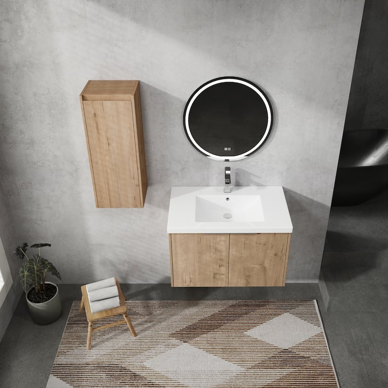 24" Floating Bathroom Vanity with Resin Sink, Side Cabinet, Soft-Close Hinges, and Water-Resistant Plywood Construction