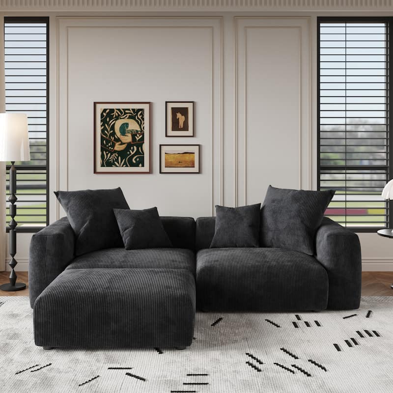 102'' Oversize Corduroy Cloud Couch Sectional Loveseat Sofa with Ottoman - Black