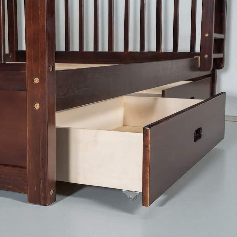 Full Over Full Bunk Bed with Ladder and 2 Storage Drawers, Convertible Wood Frame for Kids or Teens
