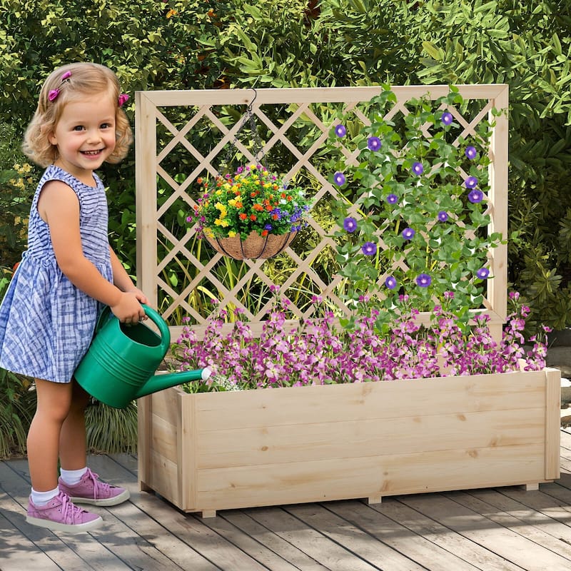 1 PCS/2 PCS Wood Elevated Planter Box Raised Garden Bed w/ Trellis