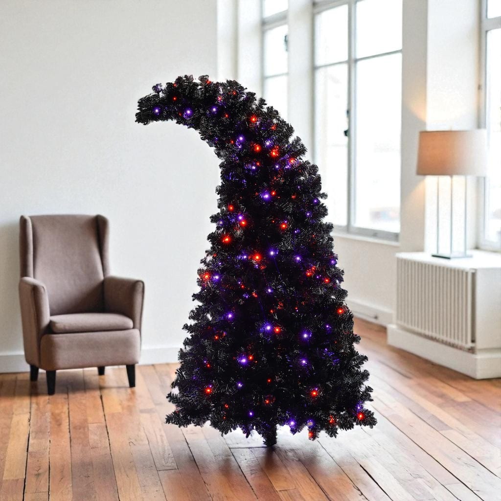 6FT Black Curved Christmas Tree with 250 LED Lights, 900 Tips, Pre-Lit Whimsical Artificial Xmas Tree