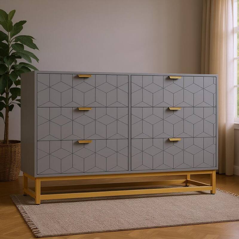 6 Drawer Dresser, with Gold Handles, for TV Stand & Closet - Grey