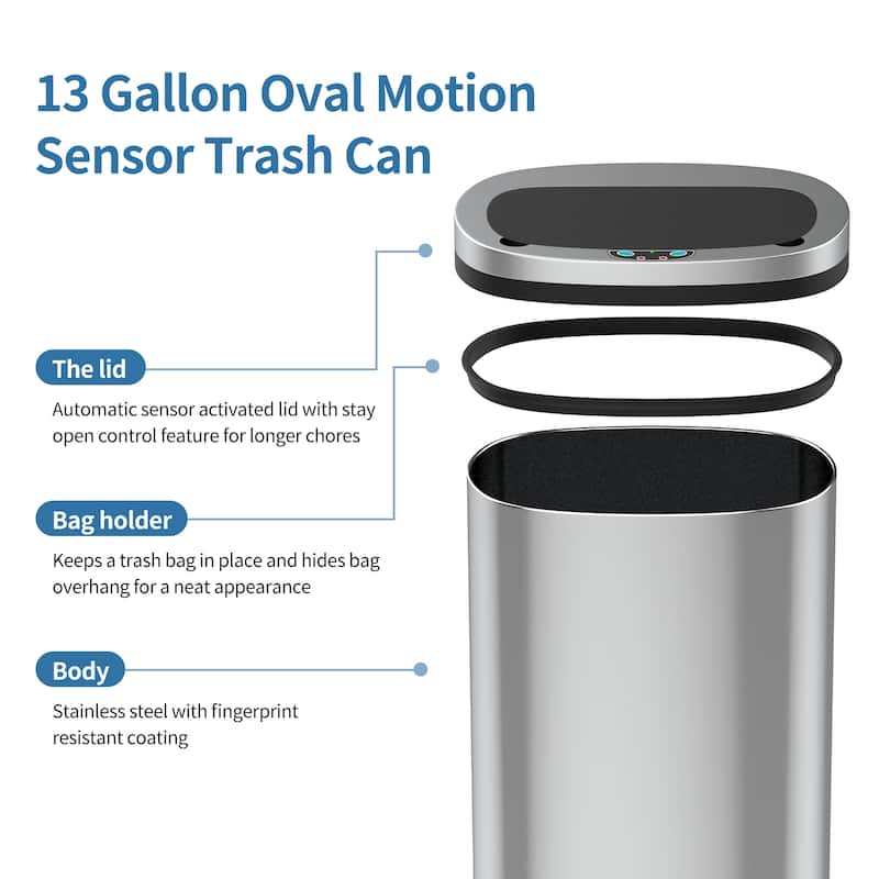 Innovaze 13 Gal./50 Liter Stainless Steel Oval Motion Sensor Trash Can for Kitchen