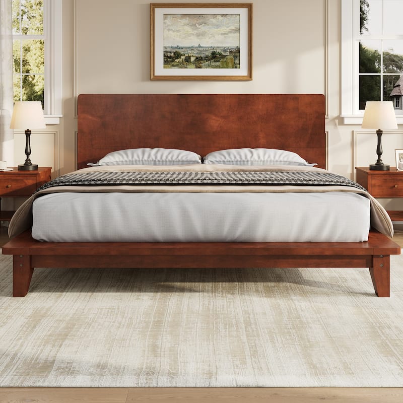 Low-Profile Platform Bed Frame with Headboard, Wood Slat Support, Wingback Panel Bed