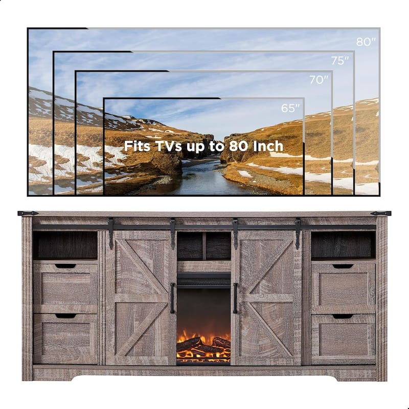 Farmhouse Fireplace TV Stand For 80 Inch TVs, Entertainment Center