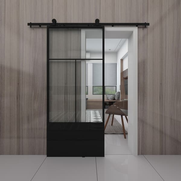 Nation Clear Glass Metal Barn Door With Installation Hardware Kit Overstock 31927396