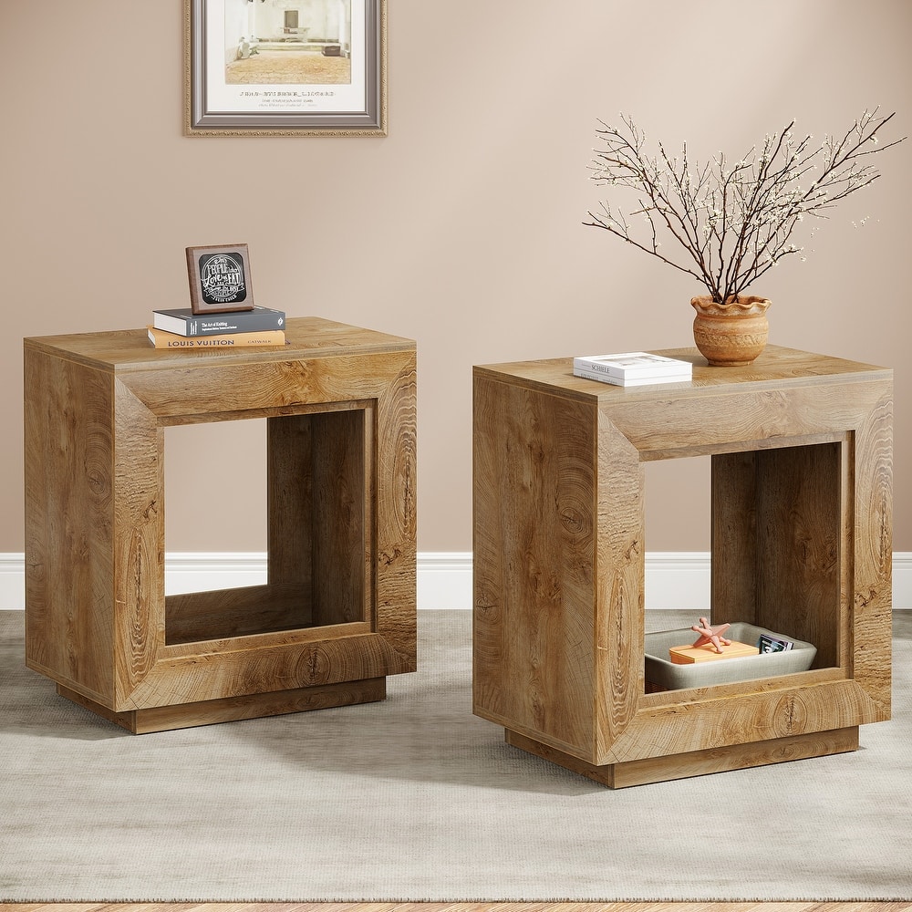 Wood End Table with Storage, Walnut Nightstands for Living Room, Bedroom