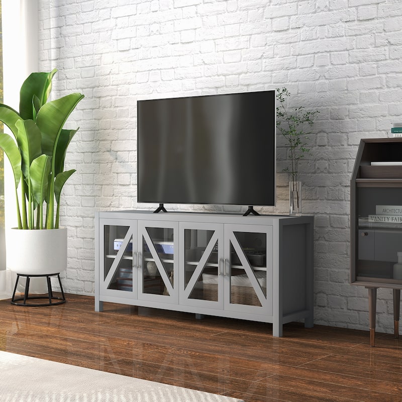 ​Minimalist Cream White TV Stand with 2 Storage and 2 Glass Doors Cabinets for Living Room Bedroom and Apartment​