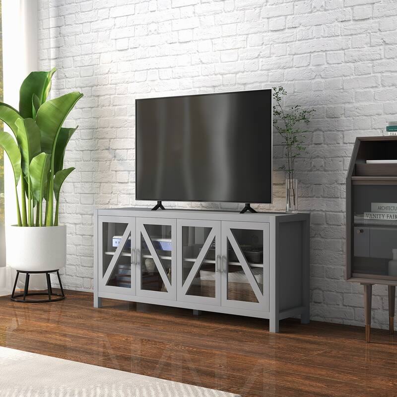 Minimalist TV Stand for 50-59" TVs, Entertainment Center with 4 Glass Doors, Adjustable Shelves, Cable Management