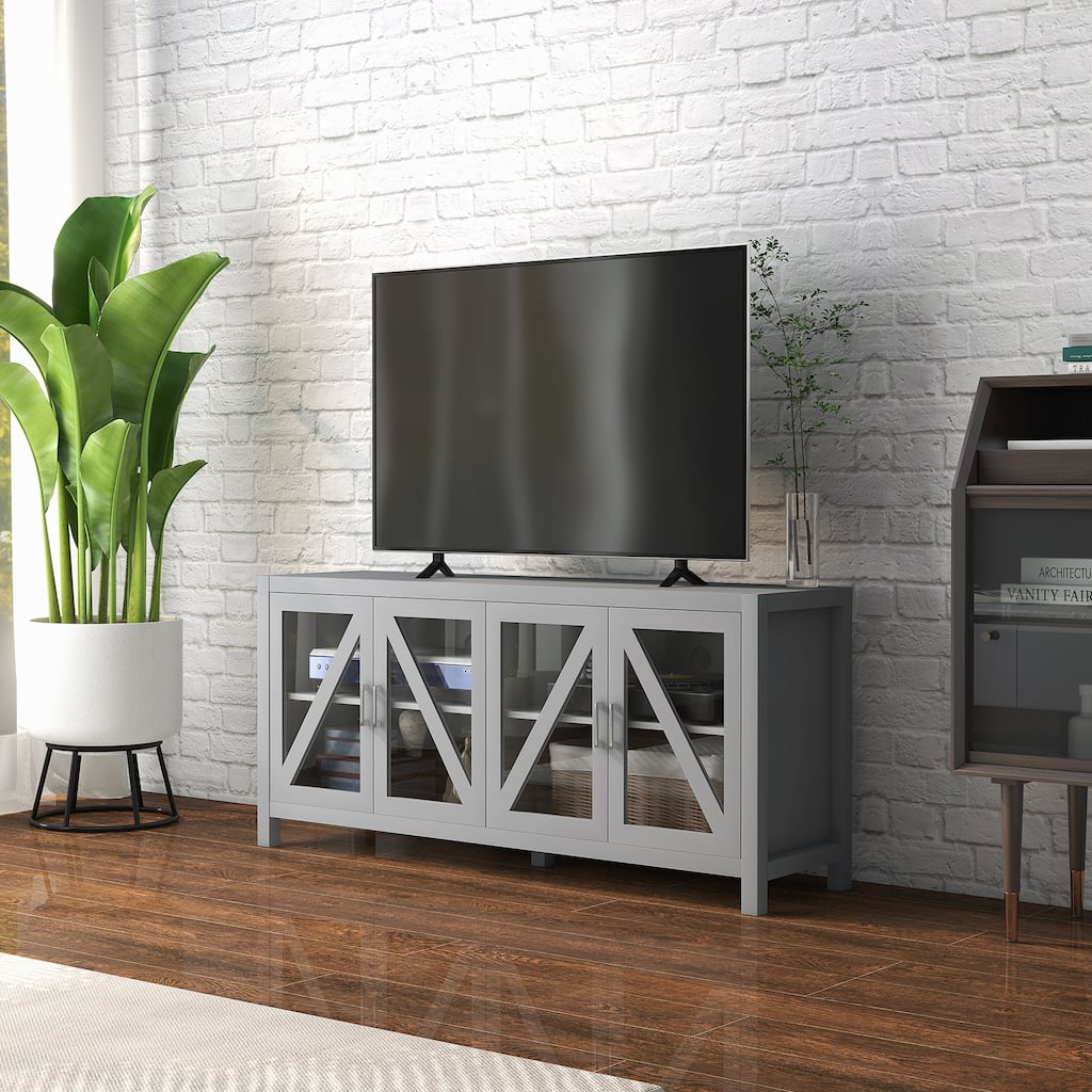 Modern Black TV Cabinet with Wave Pattern Rounded Corners Tempered Glass LED Lighting - 51.25" W x 13.75" D x 23.5" H